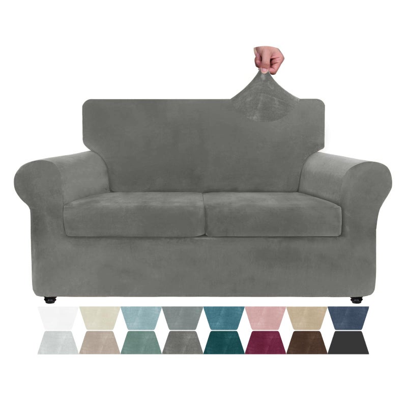ZNSAYOTX Luxury Velvet Sofa Cover 3 Piece (57"-70") Stretch Loveseat Covers for 2 Cushion Couch Thick Soft Couch Slipcover with Non Slip Strap, Dog Pet Friendly Nice Furniture Protector (Grey) - Image 1